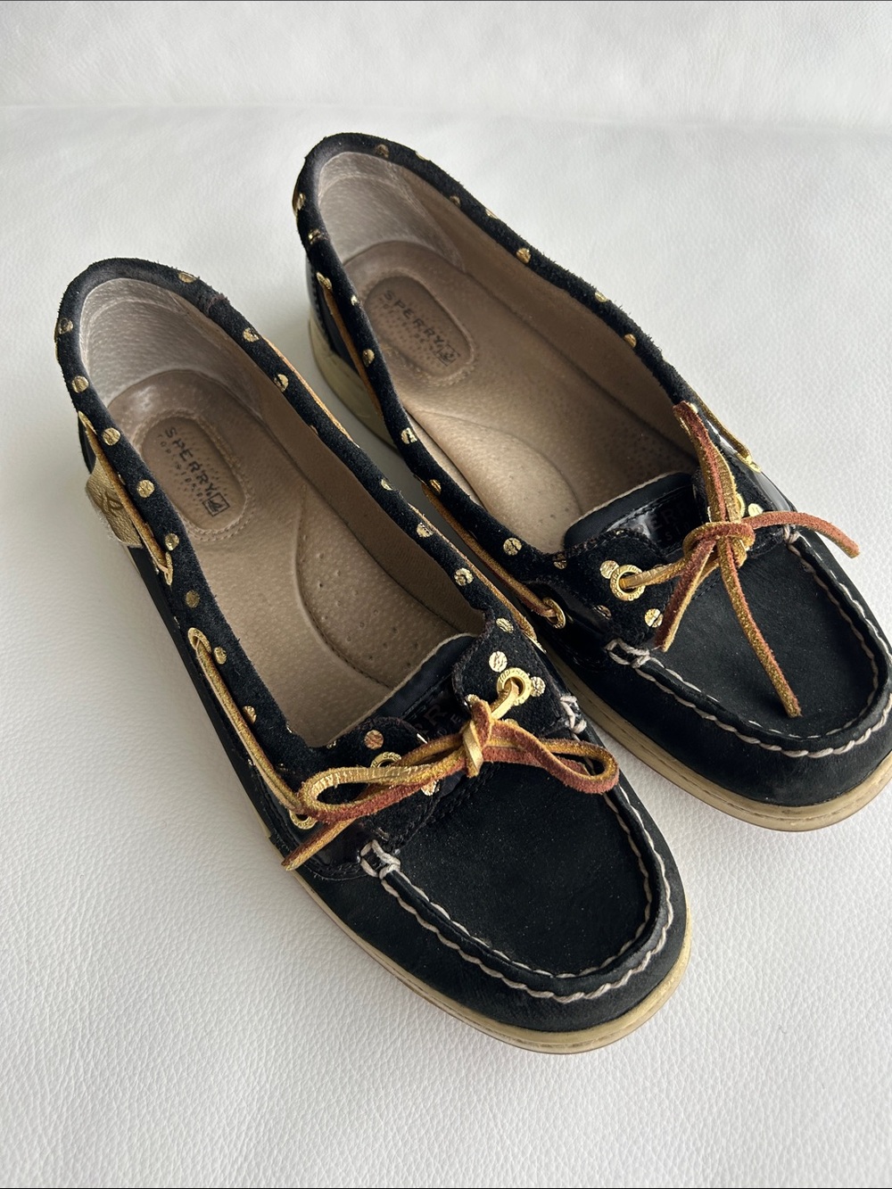Sperry Navy Blue & Gold Leather Boat Shoes with Gold Polka Dots & 2-Tone Laces